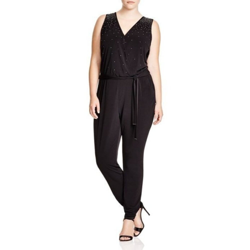 Michael Kors Black Sleeveless Belted Jumpsuit Jewel Sequins NWT $170, Size 2X